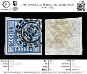 4748: Bavaria SG25 6k Blue. 1862. Sc#11a Mi10b Used. C£65