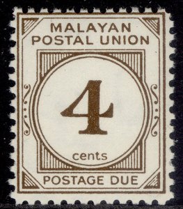 MALAYSIA - Malayan Postal Union QEII SG D24a, 4c bistre-brown, NH MINT. PERF 12