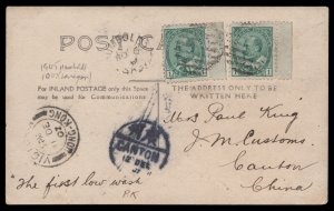 1907 2c UPU postcard rate to Canton, China, via Hong Kong with #89(2) 1c Edwa...