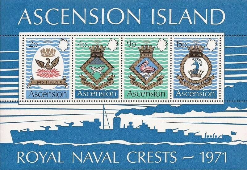 Ascension - 1971 Royal Naval Ships Coats of Arms - 4 Stamp Sheet - Scott #155a