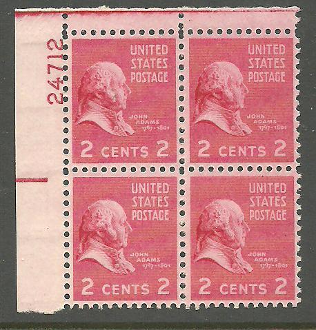#806 John Adams Plate Block NH #24712