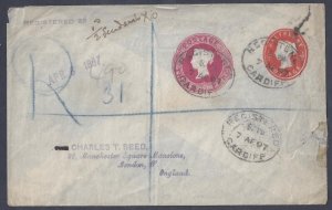 UK GB 1897 UPRATED POSTAL COVER REGISTERED CARDIFF TO LONDON