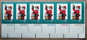 United States #1472 8c Santa Claus MNH strip of 6 with 6 plate #s (1972)