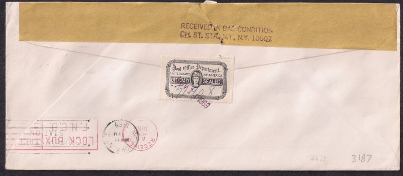 METER STAMP cover w Kraft tape & #OX39 tied, rcvd BAD CONDITION & RARE Lock Box