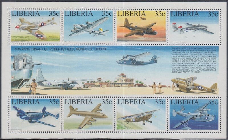 LIBERIA Sc# 1164a-h CPL MNH SHEET of 8 + LABEL - VARIOUS AIRPLANES