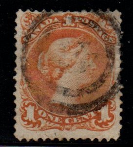 Canada Sc 23 1868 1 c yellow orange large Queen Victoria stamp used 2 ring cance