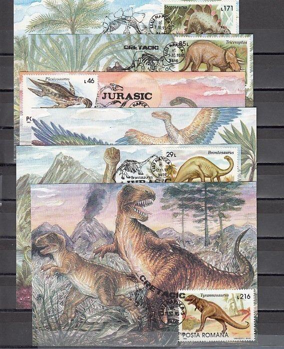 Romania, 1993 issue. 02-13/OCT/93. Jurasic Dinosaur Cancels on 6 Max. Cards.