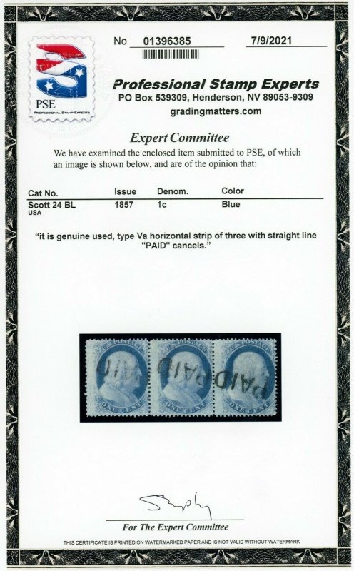 US Stamp #24 Franklin 1c - PSE Cert - USED - Va Strip of 3 with PAID Cancels