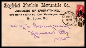 US Siegfried Schulein Mercantile Co,St Louis,MO 1892 Cover