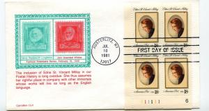 1926 Edna St Vincent Millay Carrollton Plate Block FDC