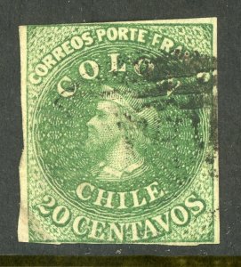 Chile 1862 Columbus 20¢ Green Imperf Scott #13 VFU K845