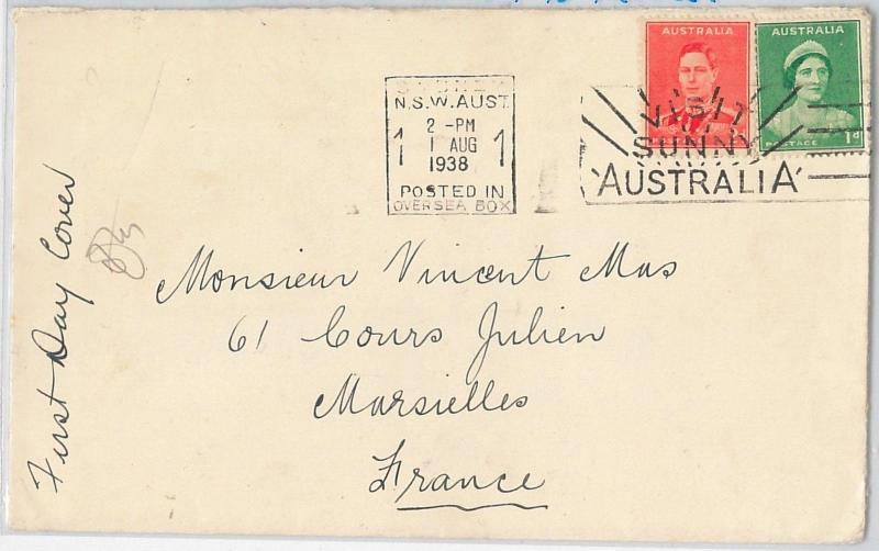 48698  AUSTRALIA -  POSTAL HISTORY - 1938 Queen Elizabeth on FDC COVER to FRANCE