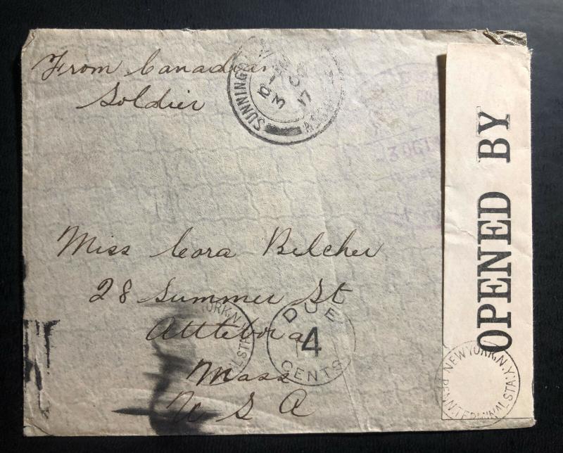 1917 Fieldpost Canada On Active Service Censored  WW1 Cover to Attleboro Ma USA