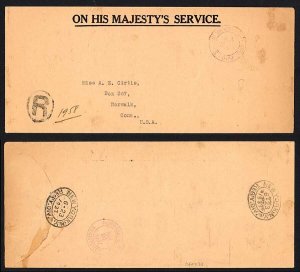 Cayman Islands 1937 OFFICIAL PAID mark in red on registered OHMS cover to USA