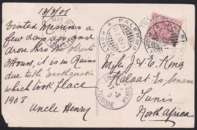 ITALY 1910 postcard toTunisia with  KALAAT ES SENAM with arrival cds.......A9557