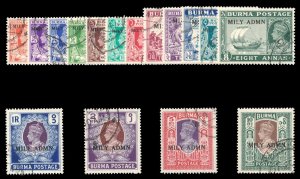 Burma 1945 KGVI 'MILY ADMN' overprints set complete VFU. SG 35-50. Sc 35-50.