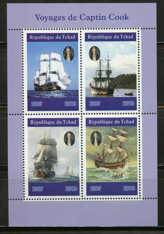 CHAD 2019 VOYAGES OF CAPTAIN COOK  SHEET OF FOUR MINT NEVER HINGED