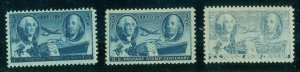 US #947, 3¢ Wash/Franklin OVER & UNDER INKING ERRORS w/normal in center, NH