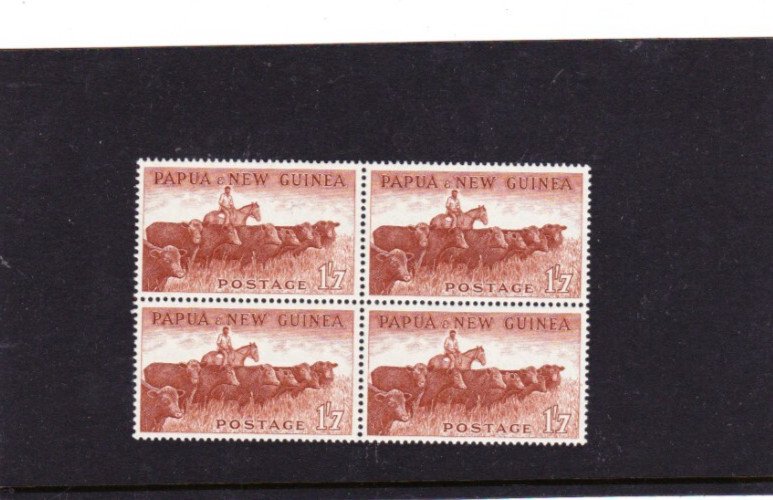 PAPUA NEW GUINEA #144 1958 1sh7p CATTLE  BLOCK FOUR MINT NEVER HINGED  K118