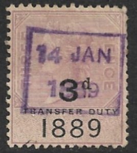 GREAT BRITAIN 1889 QV 3d on 3d TRANSFER DUTY Revenue Bft.9 VFU