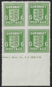 GREAT BRITAIN -  GUERNSEY 1943 ½d olive-green Imprint block of four - 40177