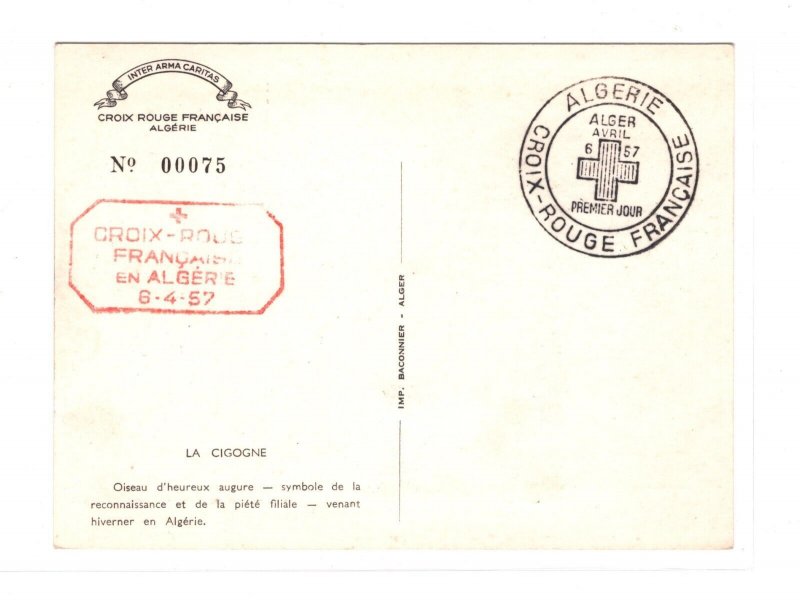 France Cols ALGERIA FDC Postcard *RED CROSS* MAXI CARD 1957 Algiers Stork KA739