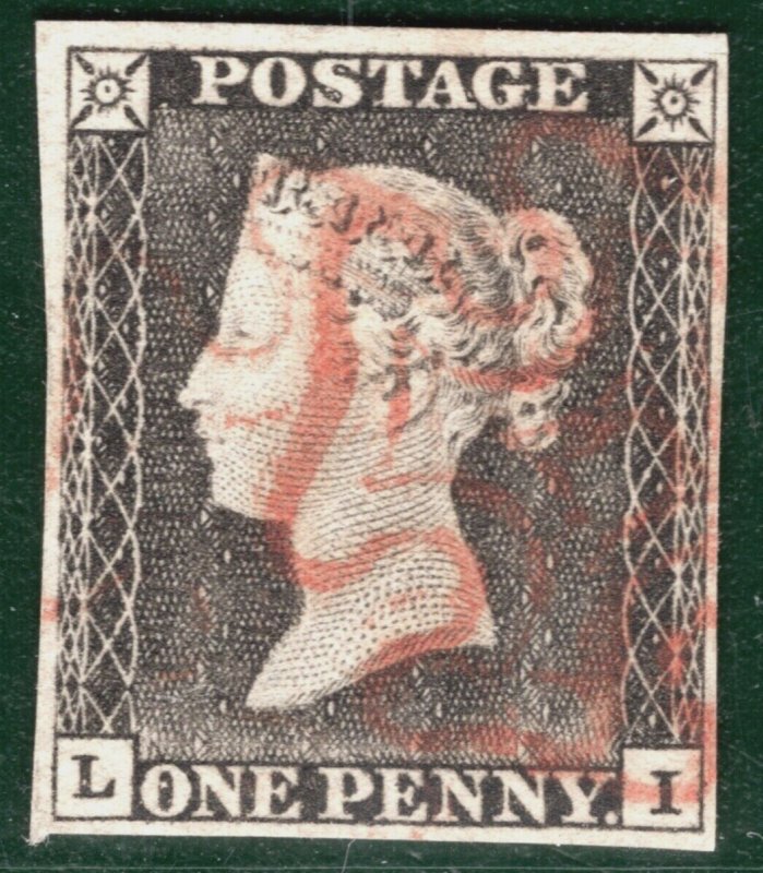 GB PENNY GREY-BLACK 1840 QV SG.3 1d Plate 1a (LI) Used Red MX Cat £525 BRRED66