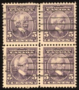 Canada Scott 144 Block of 4  Used 1927 Laurier 5 cents OCU003 bhmstamps