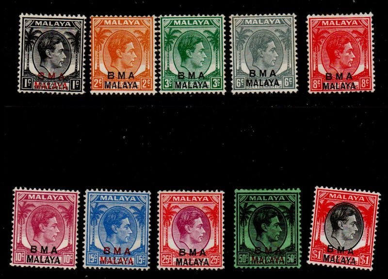 Straits Settlements Sc 256//268  1945 G VI BMA MALAYA overprint stamp set mint