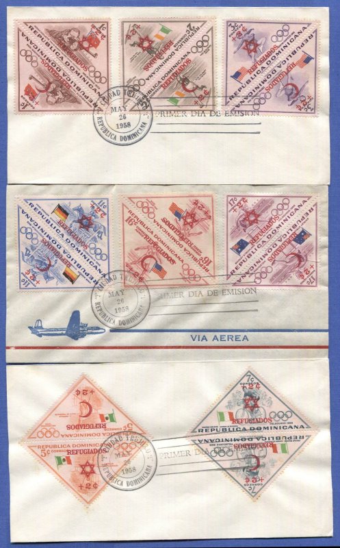 DOMINICAN REPUBLIC 1958 Sc B11-20,CB7-12,3 FDC's, Olympics - Palestine Refugees