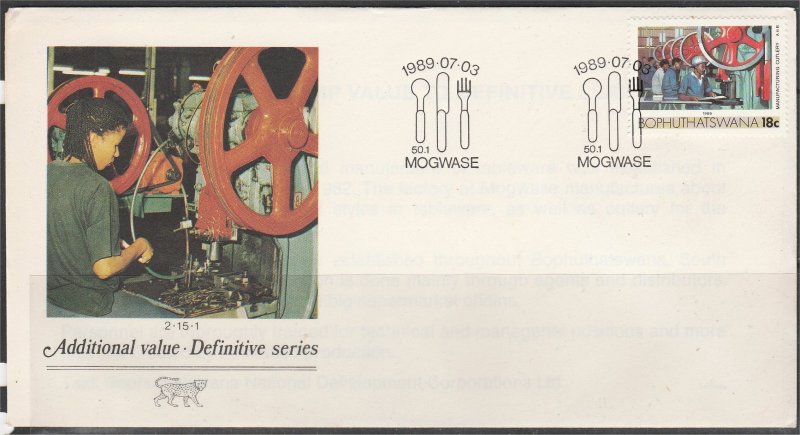 BOPHUTHATSWANA, 1989, FDC 18c, Manufacturing of cutlery. Scott 153