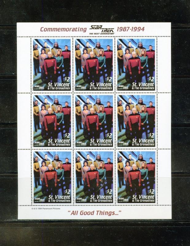 ST. VINCENT GRENADINES COMMEMORATING  STAR TREK  SHEET OF NINE PER 100  NH