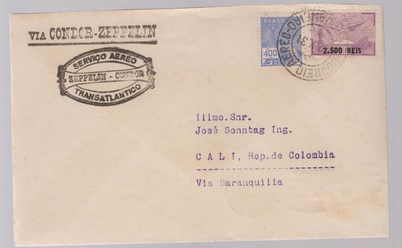 1931 Brazil Graf Zeppelin cover to Cali Colombia SCADTA rep