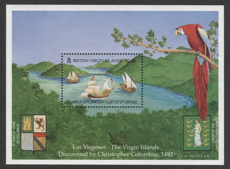 BRITISH VIRGIN ISLANDS Sc 755 Christopher Columbus  S/S, MNH, Ships + Bird, Tree