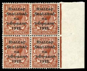 Ireland 1922 KGV 1½d red-brown block showing the PENCF error VFM/MNH. SG 10,10a.