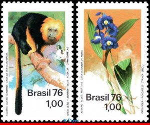 1438-39 BRAZIL 1976 NATURE PROTECTION, ORCHID AND MONKEY, FAUNA, MI# 1534-35 MNH