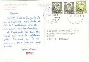 GREENLAND cover postmark 24 Feb. 1958 -Dear Doctor postcard to France