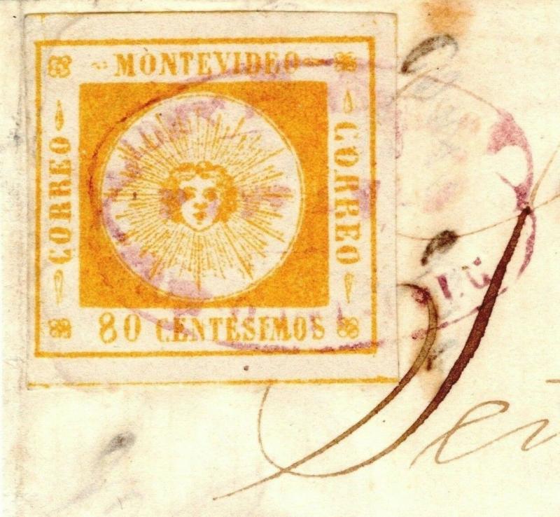 Uruguay CLASSIC *El Sol* SUN ISSUE 1859 80c Orange Part Cover SG.9 cat £900 F13c