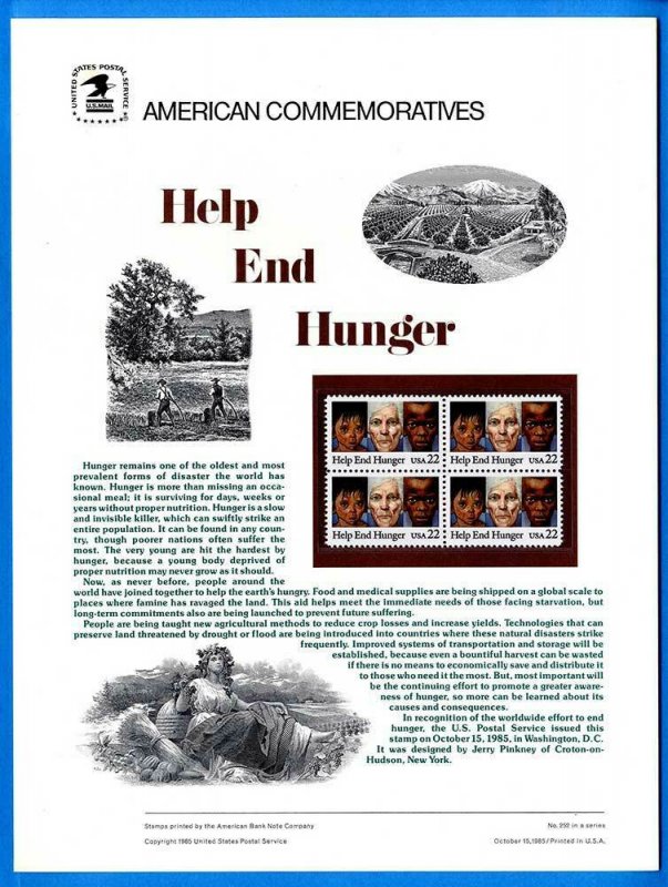 USPS COMMEMORATIVE PANEL #252 HELP END HUNGER #2164