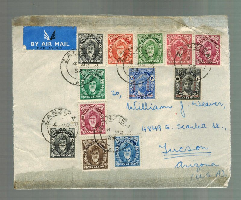 1954 Zanzibar Airmail cover to USA Multi Franked