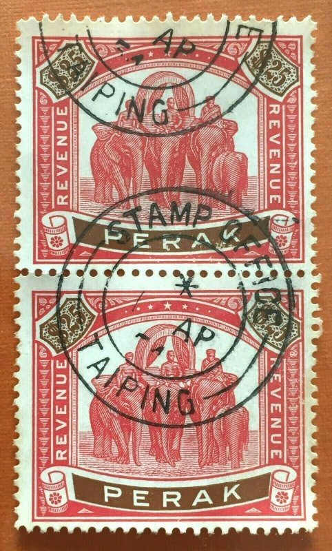 RARE MALAYA PERAK 1950 Elephants & Howdah $25 REVENUE Pair Used M3304