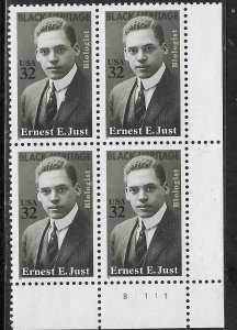 US#3058   32c Ernest E. Just (MNH) Plate Block of 4 CV $2.60
