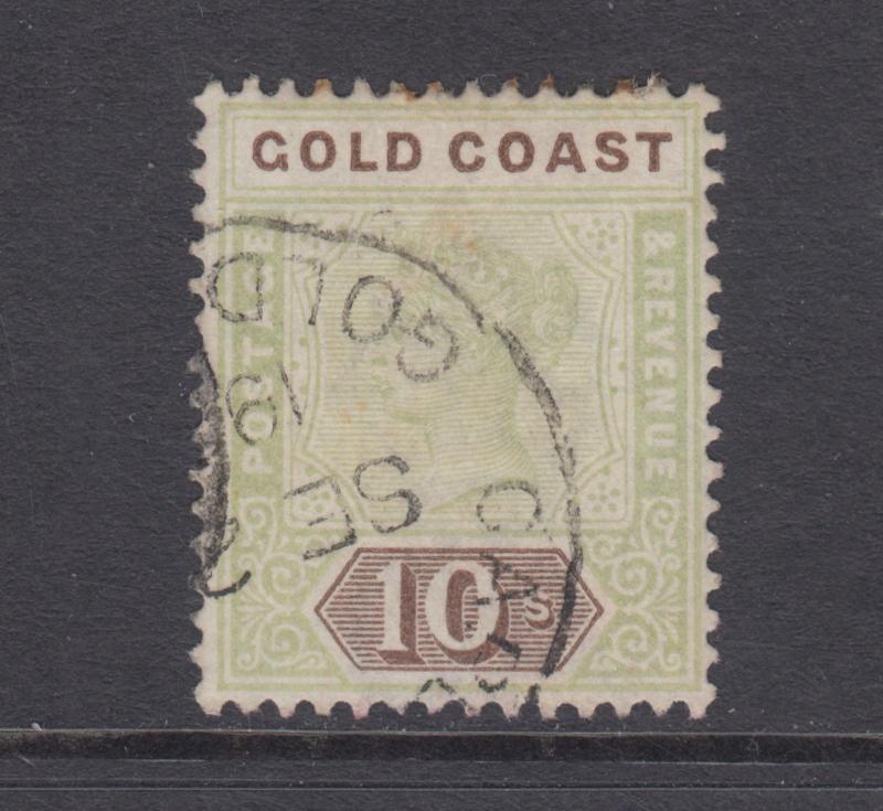 Gold Coast Sc 35 used 1900 10sh green & brown Queen Victoria, F-VF 