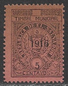 EL SALVADOR 1916 5c ARMS Municipal Revenue Ross M189 MNGAI