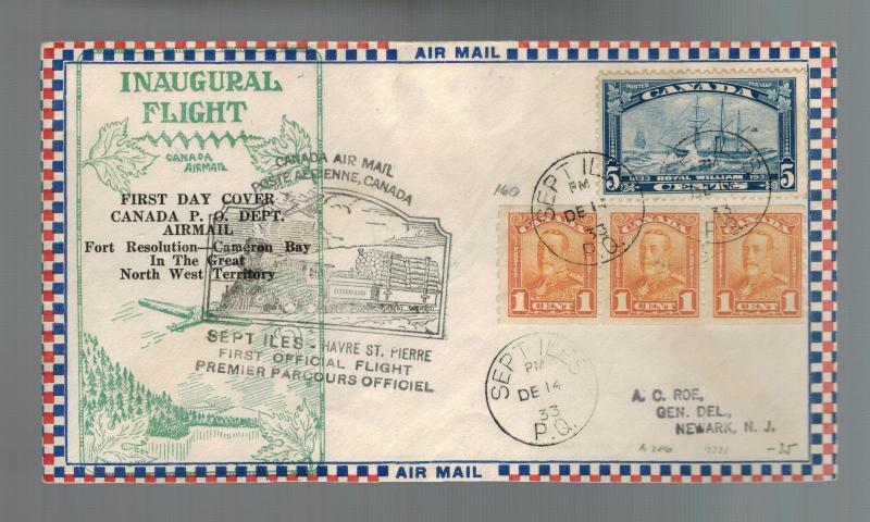 1933 Canada Sept Iles Havre St Pierre First Flight Cover FFC 3 Coil strip # 160