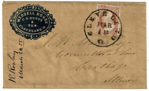 1850's Cleveland, OH cancel on cover, hotel cameo in blue, Scott 11A type II