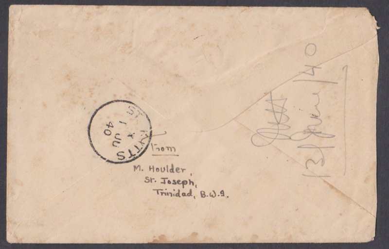 TRINIDAD & TOBAGO - 1940 COVER TO ST. KITTS WITH KGVI STAMPS
