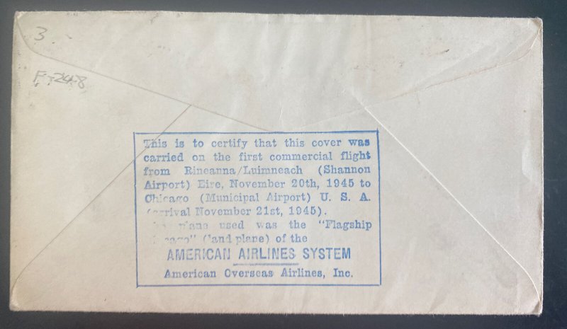 1945 Limerick Ireland First Commercial Flight cover FFC To New York USA AA