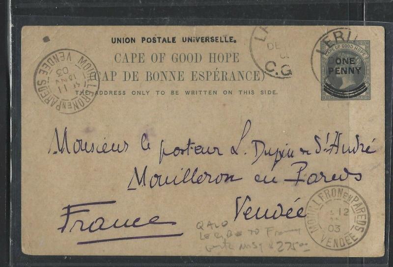 BECHUANALAND  (PP1405B)  1903 CAPE QV PSC FROM LERIBE TO FRANCE WITH MSG