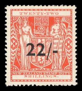 New Zealand 1940 KGVI Arms Fiscal 22/- on 22s Wmk Invtd superb MNH. SG F216aw.